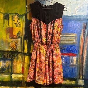 Bebe floral and black lace/mesh romper with elastic waist and sash xs/xxs